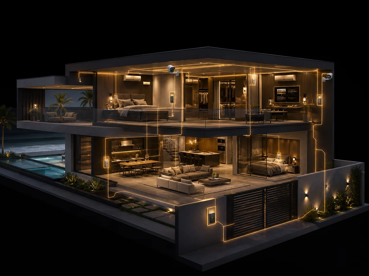 Casa contemporânea em visualização 3D com iluminação, climatização, câmeras e acessos conectados